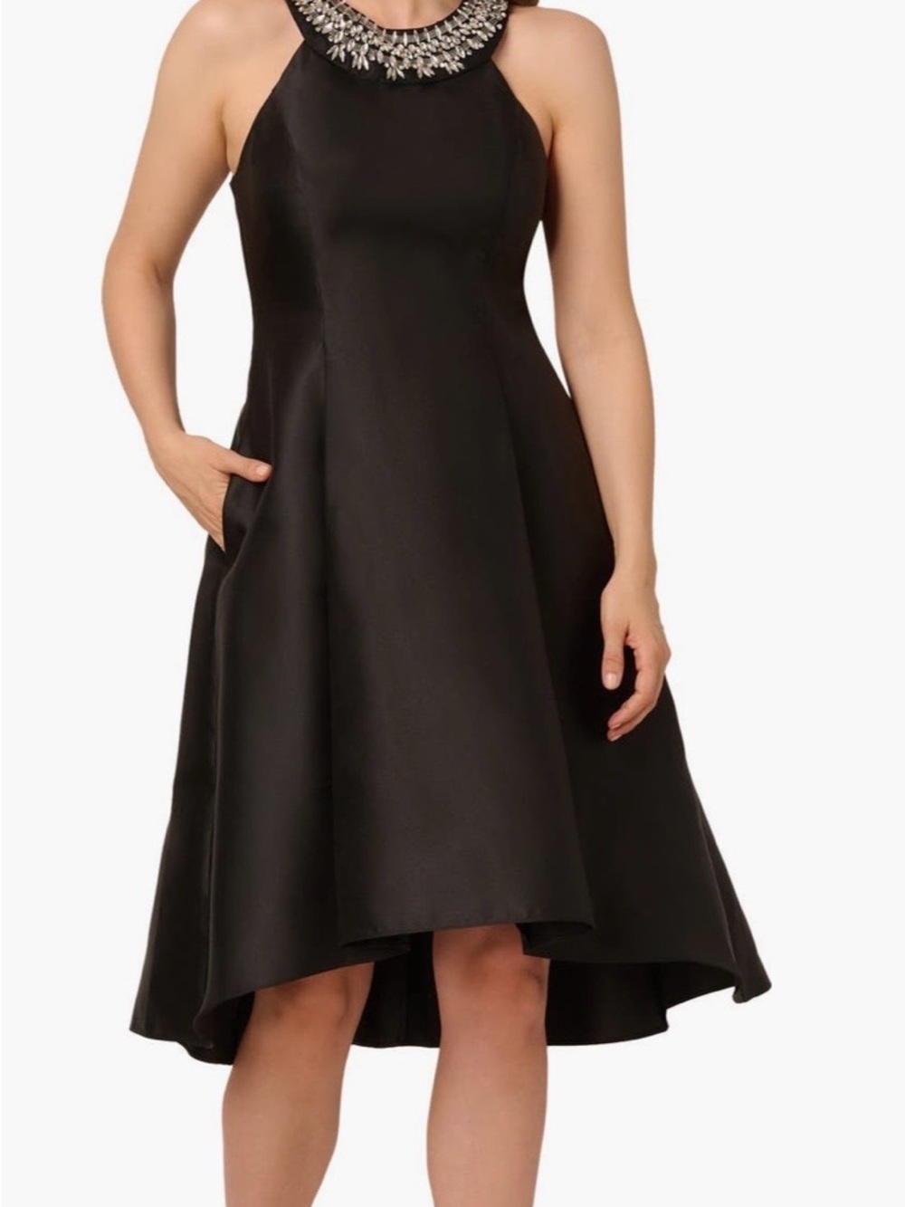 Adrianna Papell Black Halter High-Low Dress with Beaded Collar